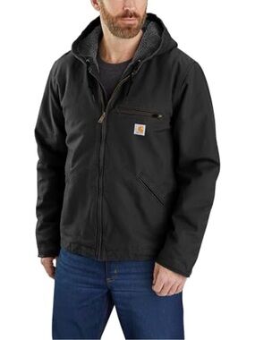 Carhartt Black Sherpa-Lined Hooded Work Jacket